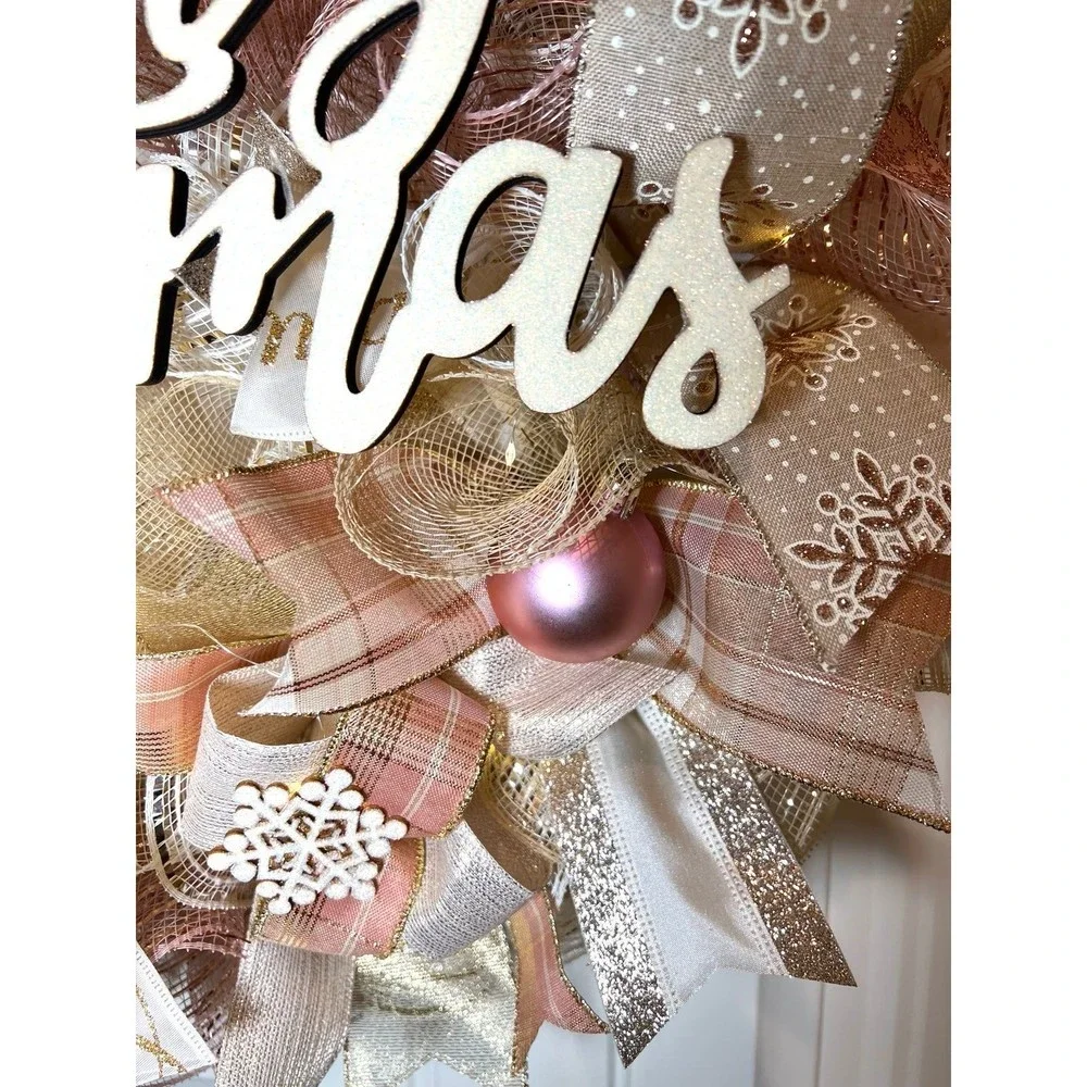 Christmas Snowflake Holiday Ribbon Door Wreath Handmade 22 ins LED W42 Gold Pink